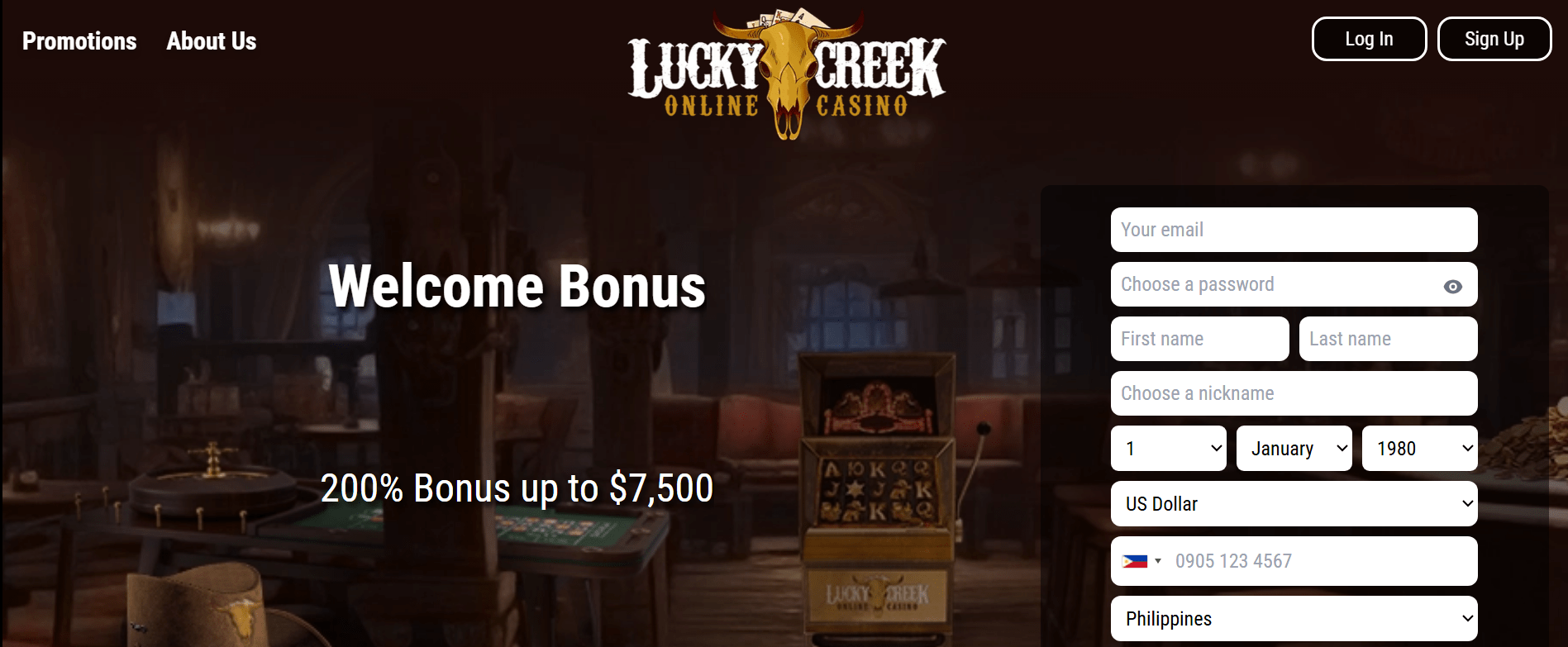 Homepage of Lucky Creek casino with low-stake real-money games and promos