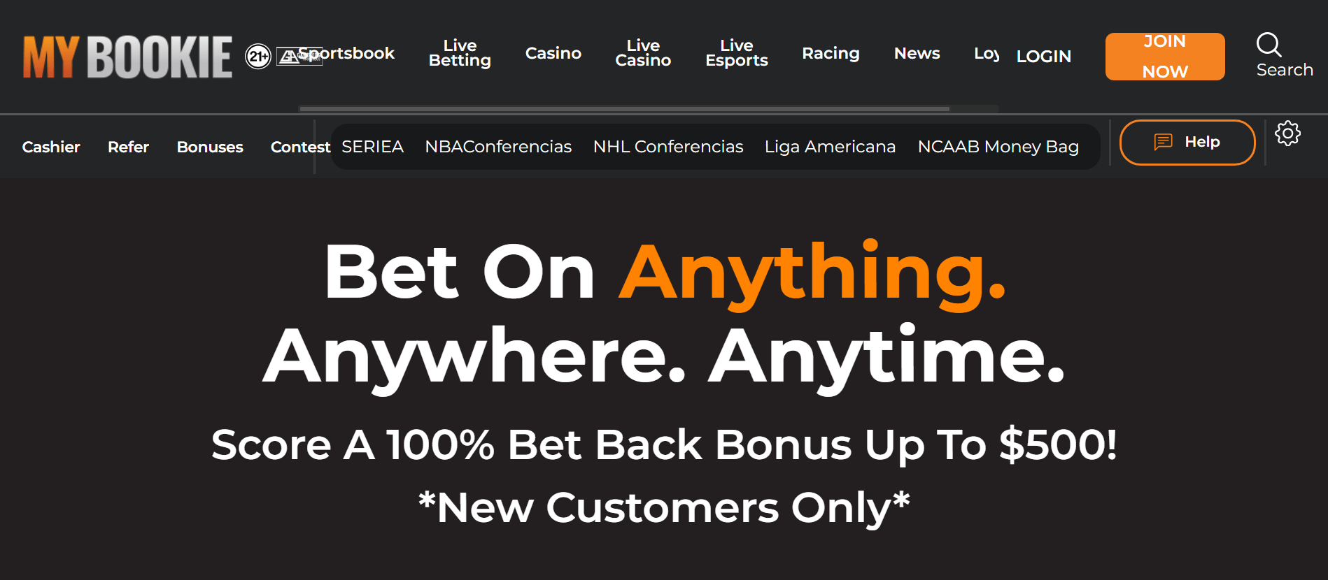 Interface view of MyBookie platform combining casino and sportsbook play