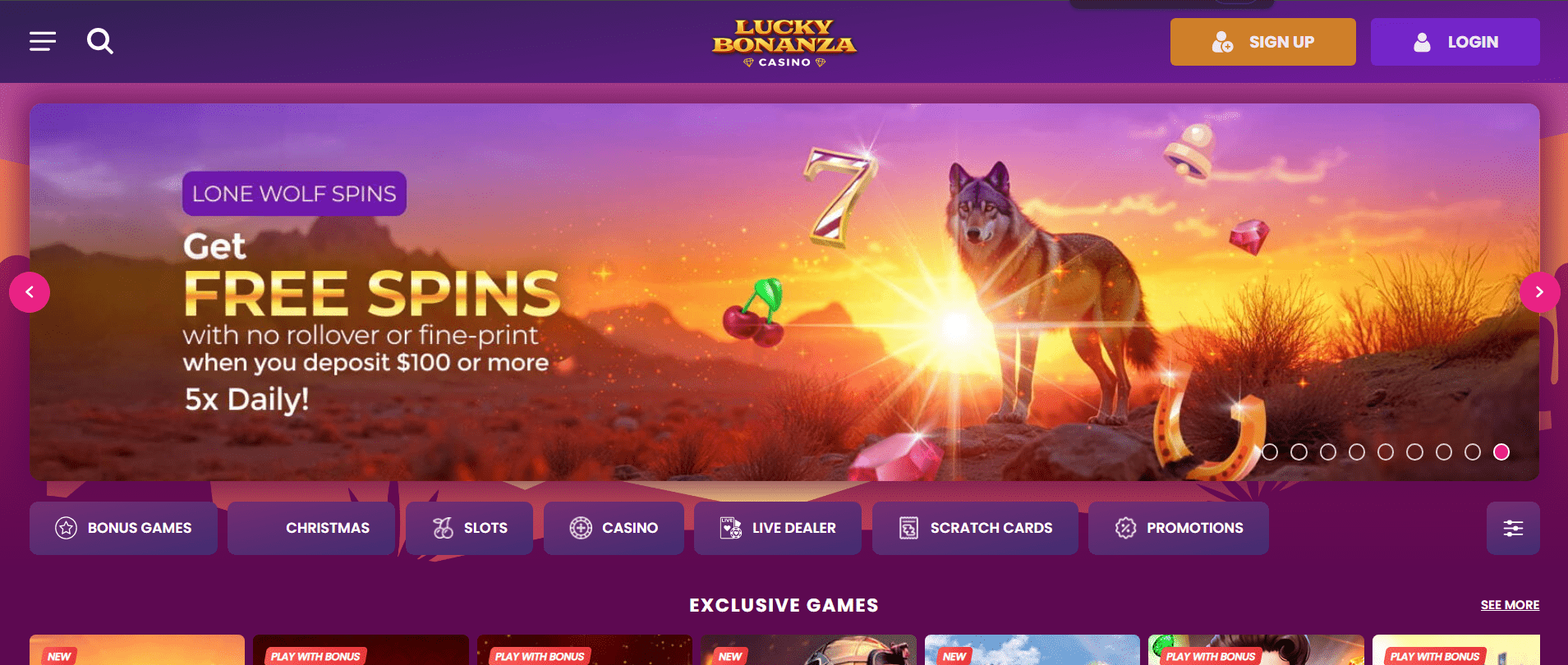 Platform view of Buffalo Casino highlighting premium jackpots and cashback