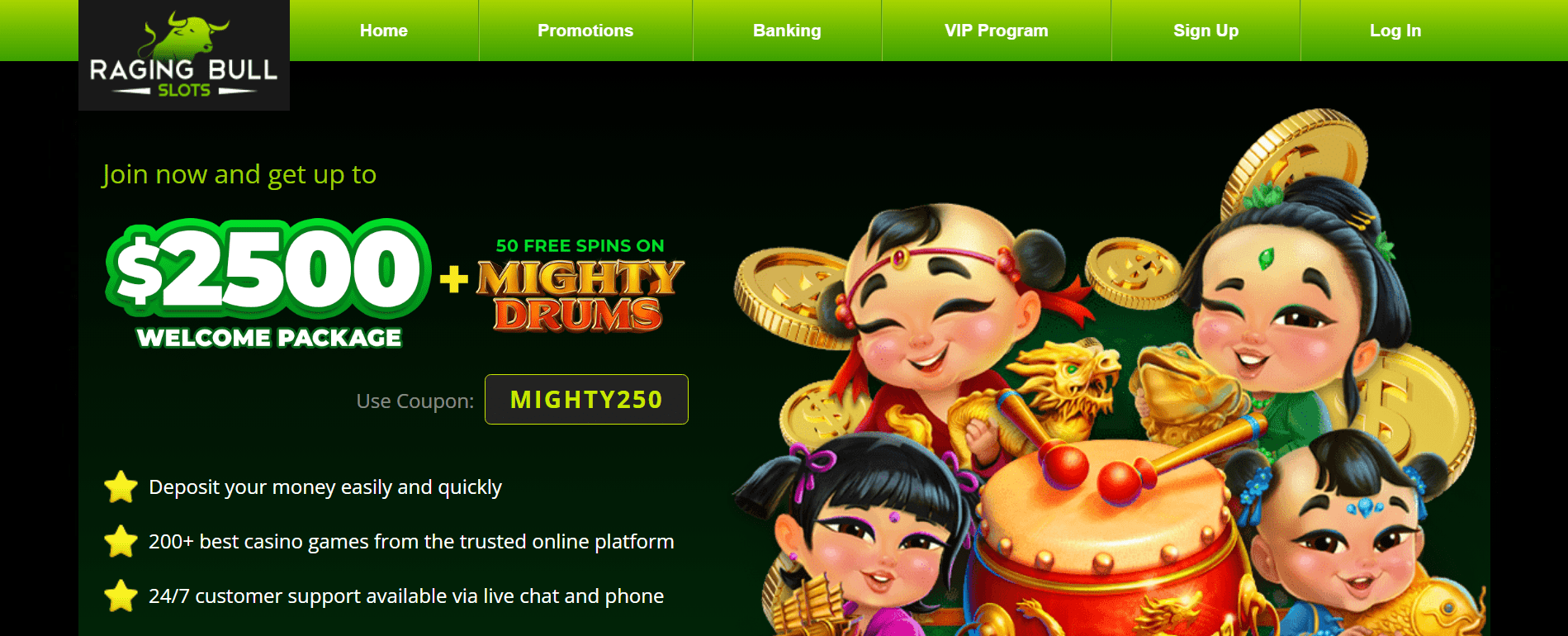 Snapshot of Raging Bull casino offering classic real-money play and reload bonuses